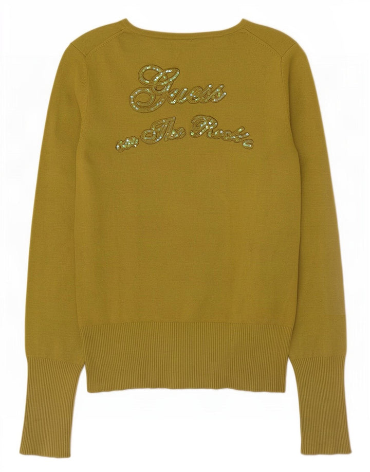 Guess Womens Graphic V-Neck Jumper Sweater UK 16 Medium Green Viscose