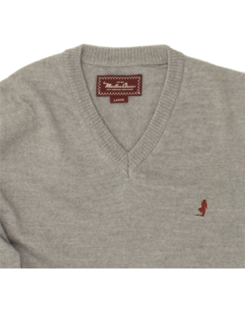 MARLBORO CLASSICS Womens V-Neck Jumper Sweater UK 16 Large Grey Wool | Vintage Marlboro Classics | Thrift | Second-Hand Marlboro Classics | Used Clothing | Messina Hembry 