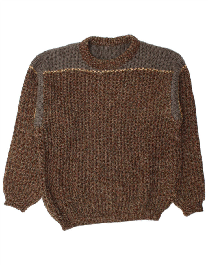 Vintage Mens Crew Neck Jumper Sweater Medium Brown Colourblock