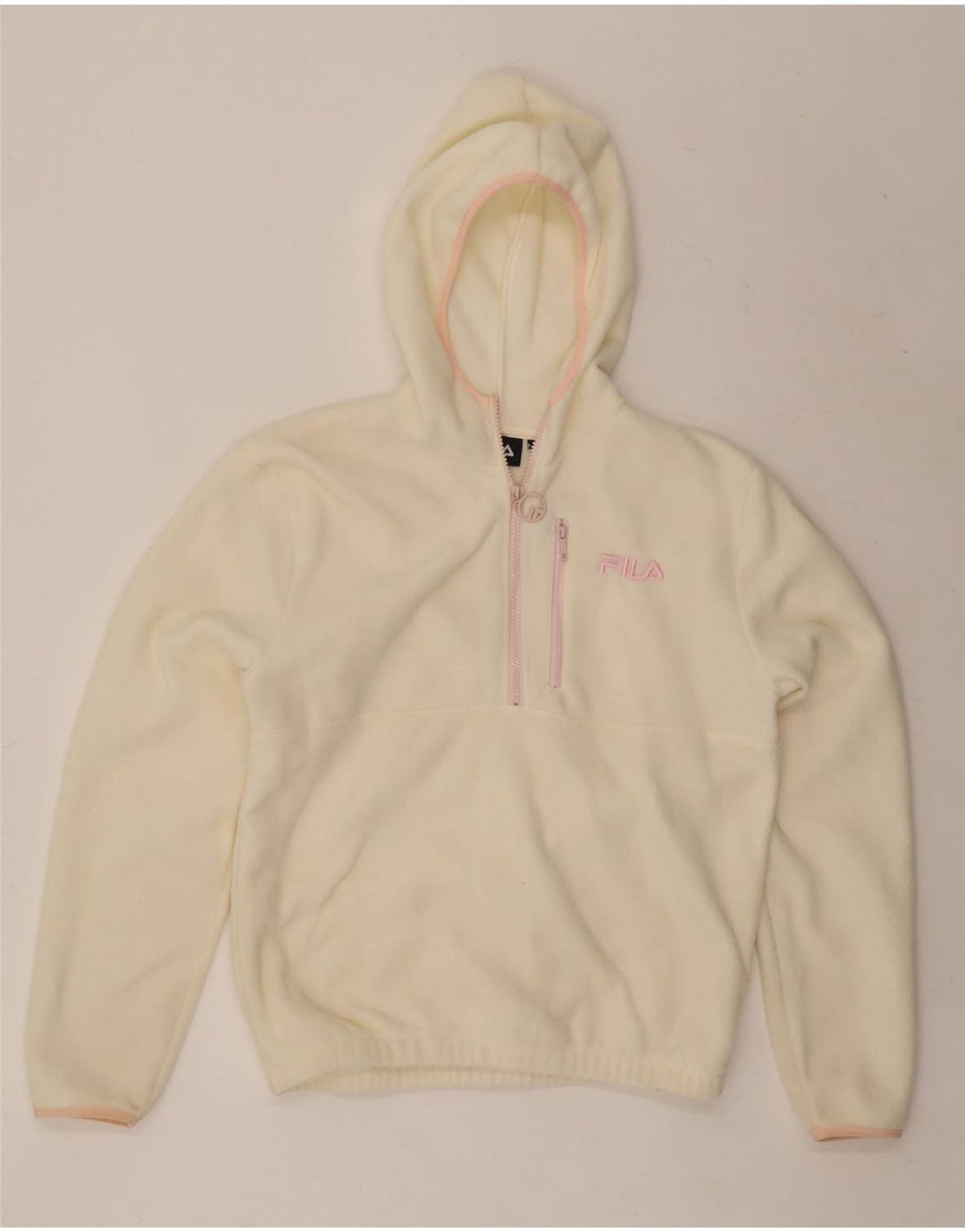 FILA Womens Oversized Hooded Zip Neck Fleece Jumper UK 6 XS Off White