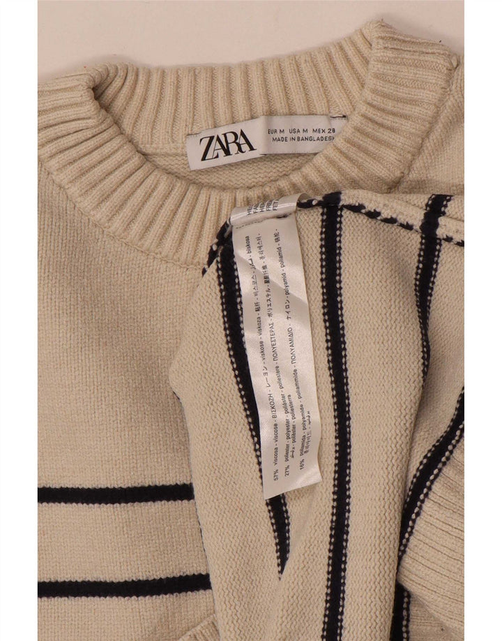 Zara Womens Oversized Crew Neck Jumper Sweater UK 14 Medium Beige Striped