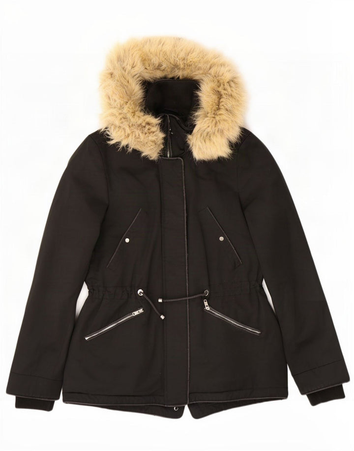 Zara Womens Hooded Parka Jacket UK 6 XS Black Polyester