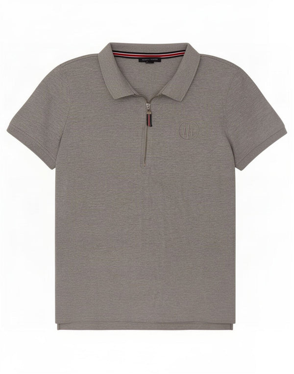 Tommy Hilfiger Womens Polo Shirt UK 14 Medium Grey Flecked Cotton