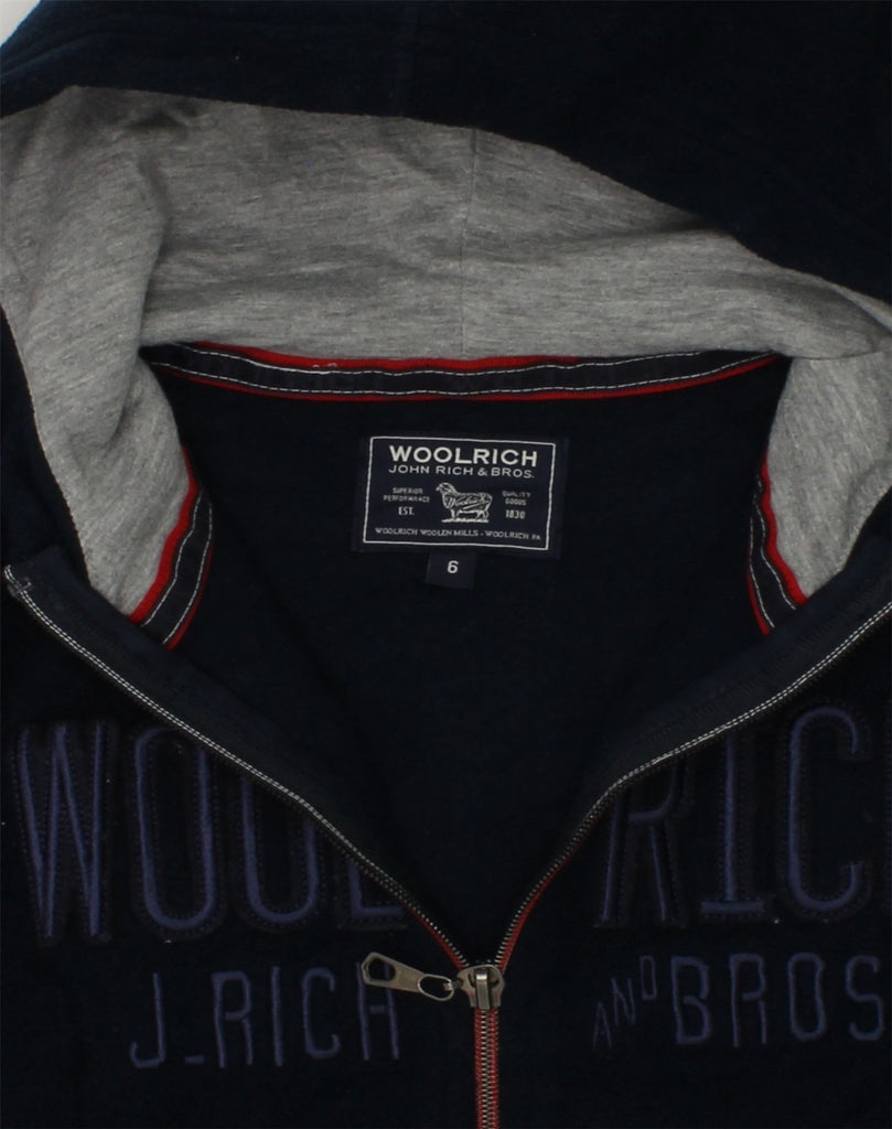 WOOLRICH Boys Graphic Zip Hoodie Sweater 5-6 Years Navy Blue Polyester | Vintage Woolrich | Thrift | Second-Hand Woolrich | Used Clothing | Messina Hembry 