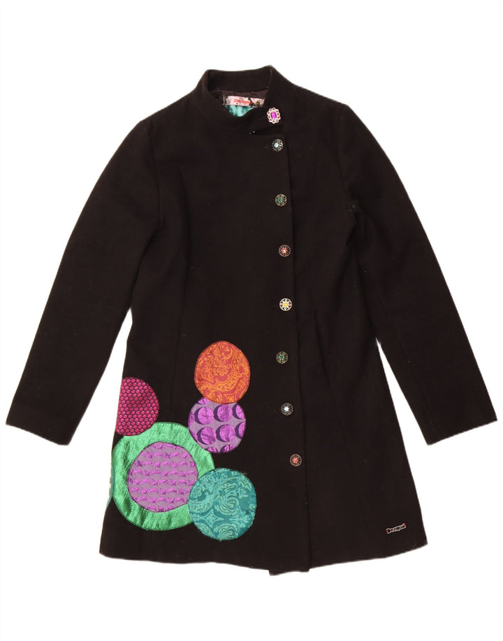 Desigual Womens Graphic Overcoat EU 40 Medium Black Geometric Wool