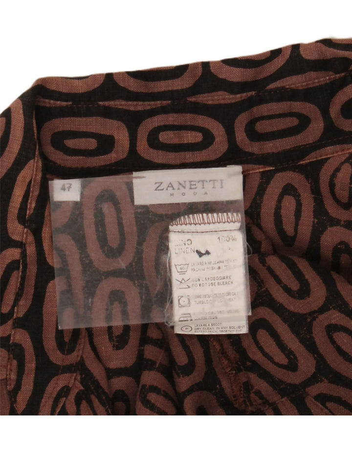 ZANETTI Womens Short Sleeve Shirt IT 47 Large Brown Geometric Linen