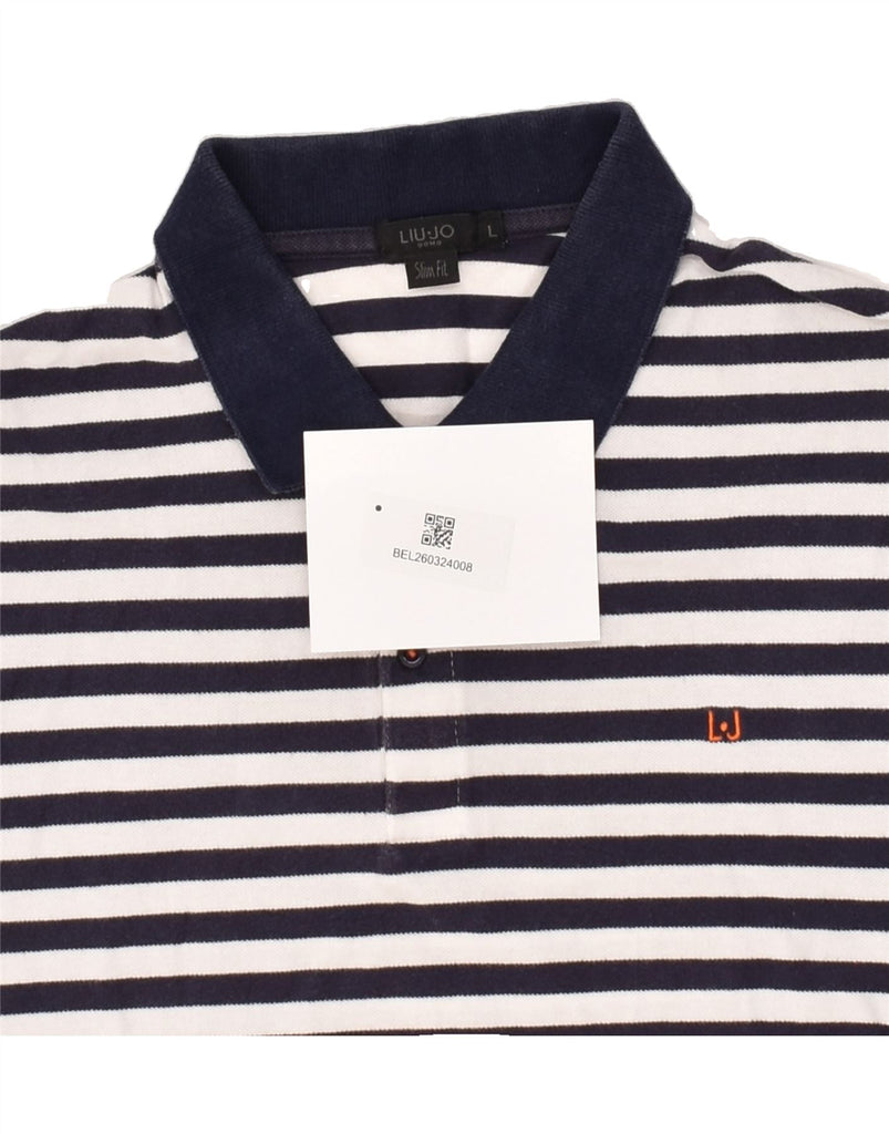 LIU JO Mens Slim Fit Polo Shirt Large Navy Blue Striped Cotton | Vintage Liu Jo | Thrift | Second-Hand Liu Jo | Used Clothing | Messina Hembry 