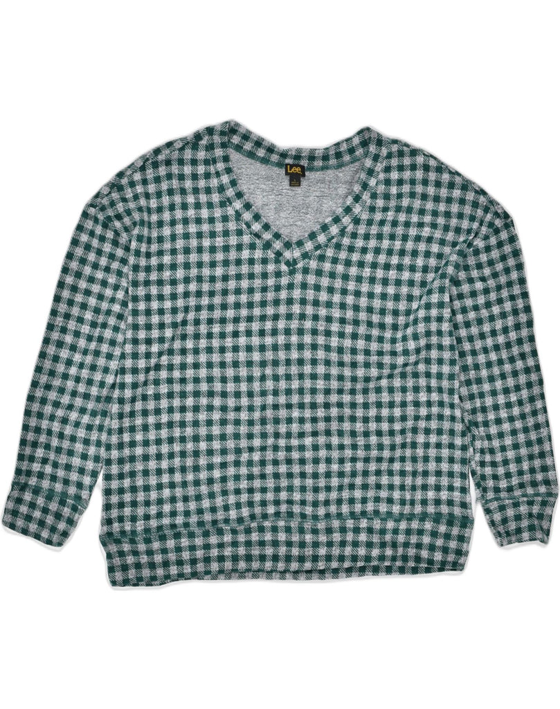 LEE Womens V-Neck Jumper Sweater UK 16 Large Green Check Polyester | Vintage | Thrift | Second-Hand | Used Clothing | Messina Hembry 