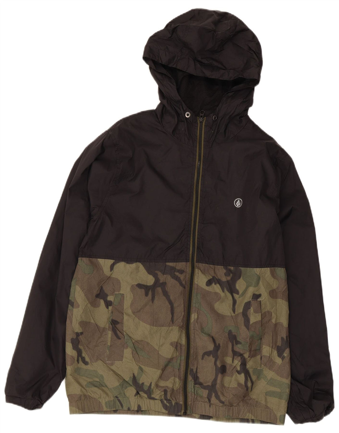 Volcom Mens Hooded Rain Jacket UK 36 Small Black Camouflage Nylon