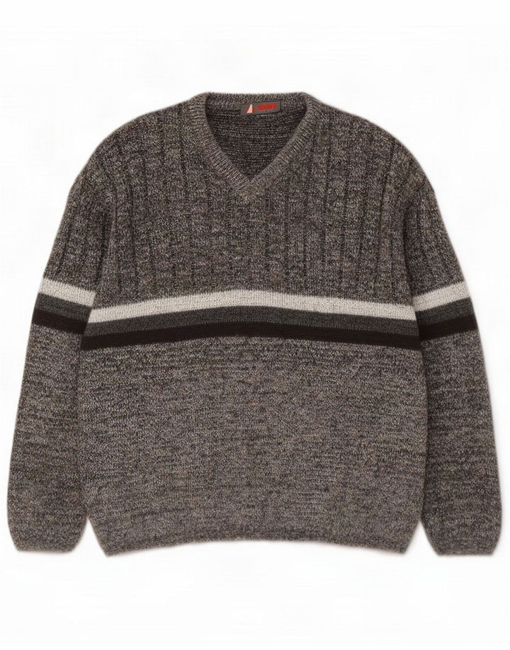 Vintage Mens V-Neck Jumper Sweater Medium Grey Striped Wool