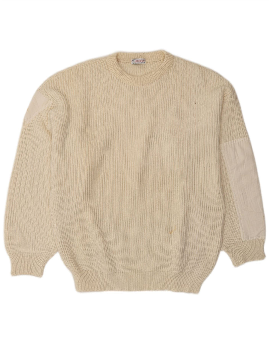 Vintage Mens Crew Neck Jumper Sweater Large Beige Colourblock Wool