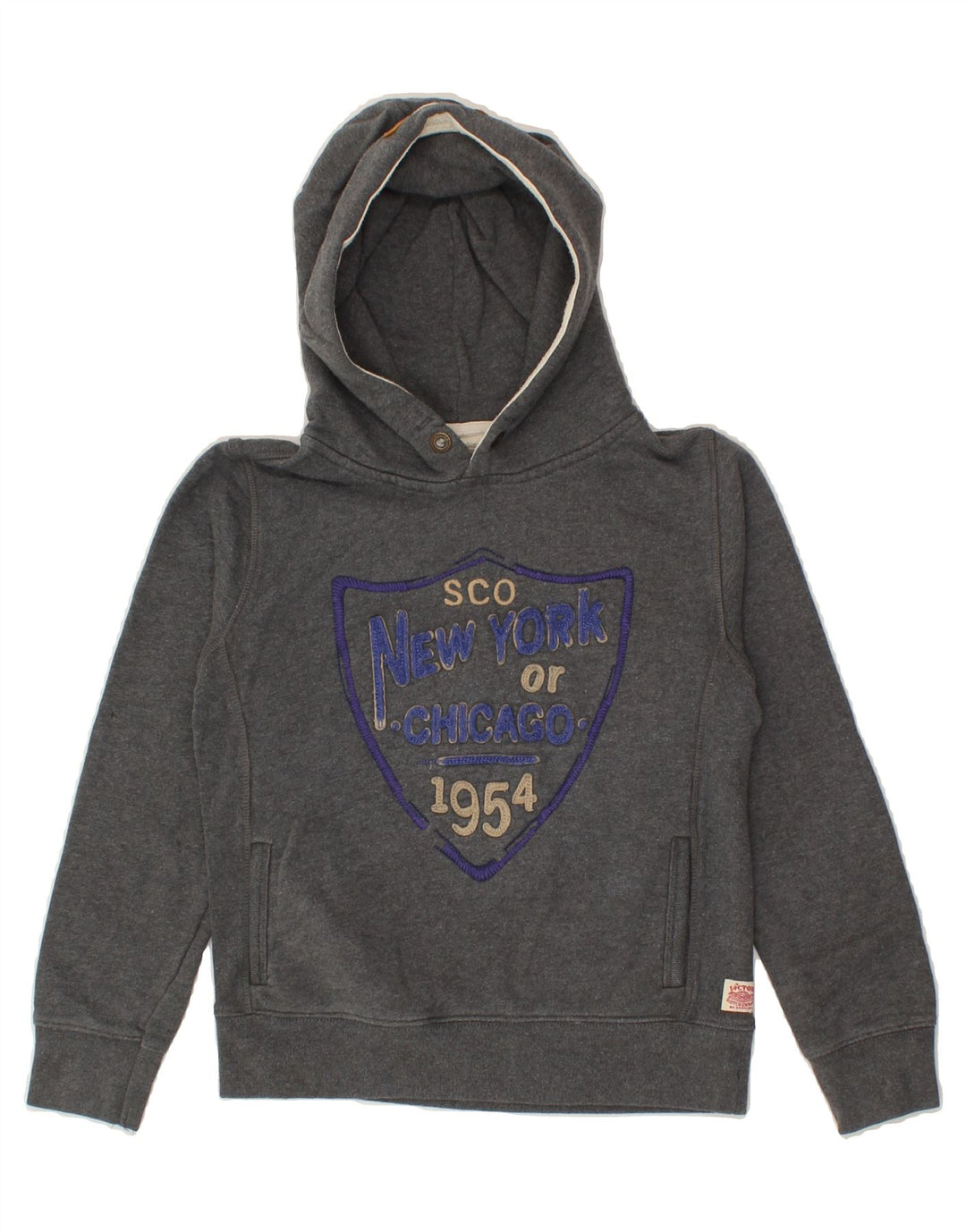 SCOTCH SHRUNK Boys Graphic Hoodie Jumper 7-8 Years Grey Cotton Vintage Scotch Shrunk and Second-Hand Scotch Shrunk from Messina Hembry 