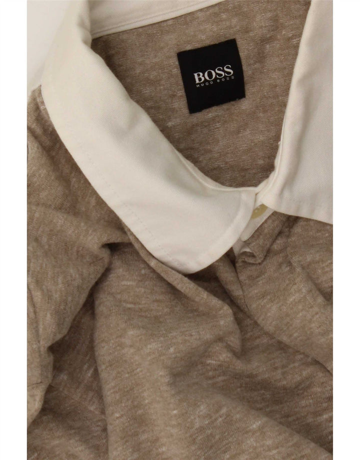 Hugo Boss Mens Long Sleeve Polo Shirt Medium Beige Flecked