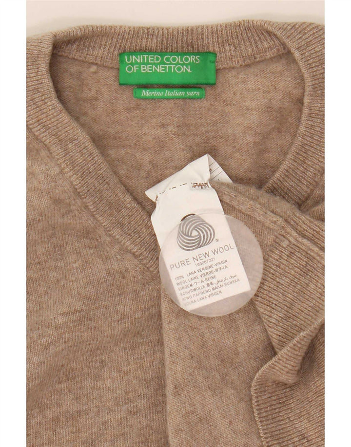 Benetton Mens V-Neck Jumper Sweater Small Beige Wool