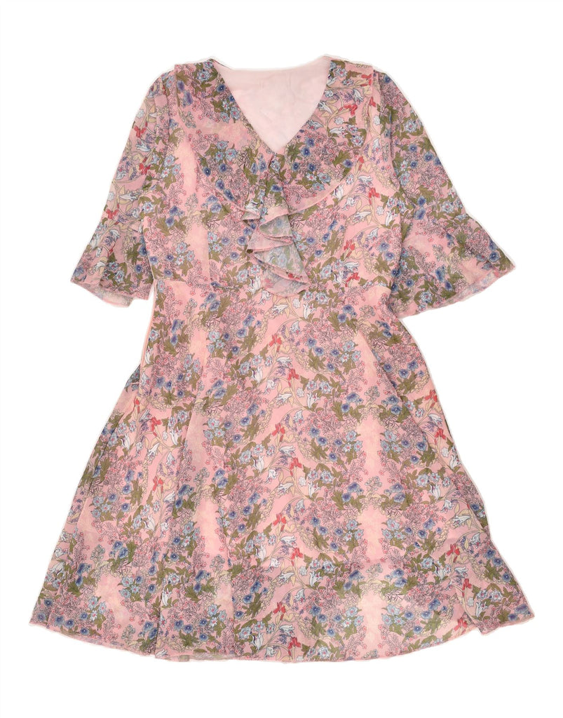 VINTAGE Womens 3/4 Sleeve A-Line Dress UK 12 Medium Pink Floral | Vintage Vintage | Thrift | Second-Hand Vintage | Used Clothing | Messina Hembry 