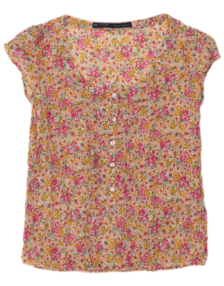Zara Womens Short Sleeve Blouse Top UK 8 Small Multicoloured Floral
