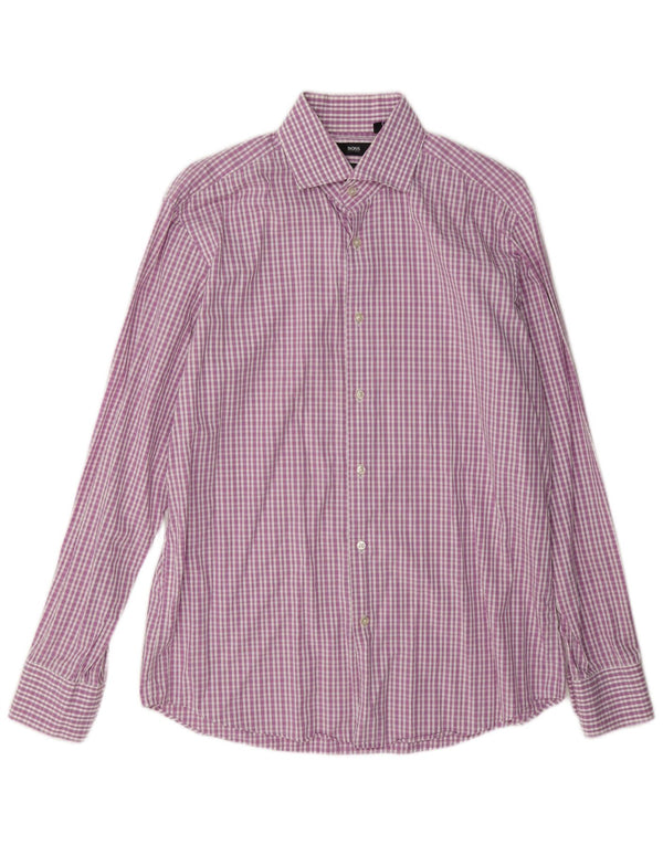Hugo Boss Mens Regular Fit Shirt Size 41 16 Large Pink Check Cotton