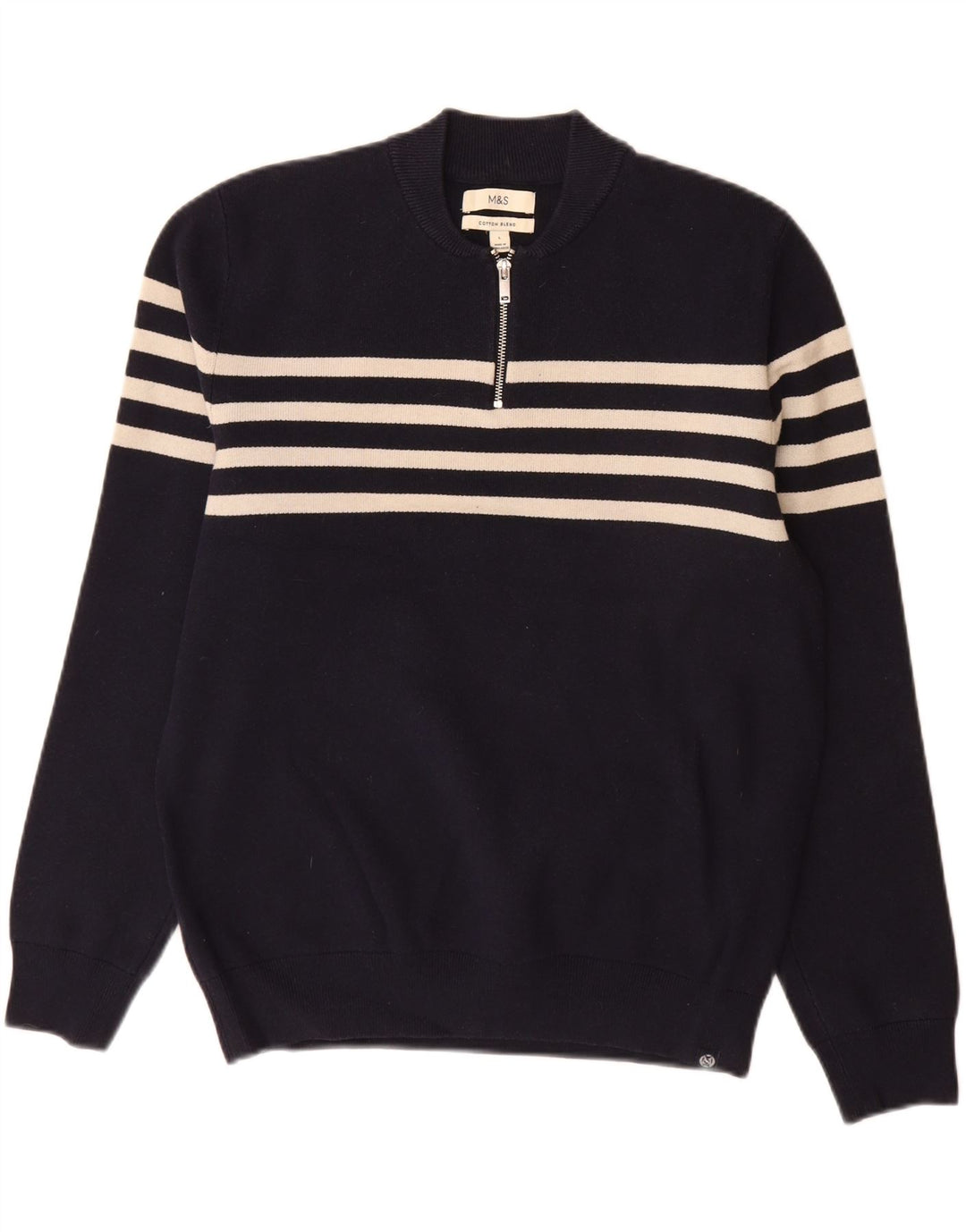Marks & Spencer Mens Zip Neck Jumper Sweater Large Navy Blue Striped