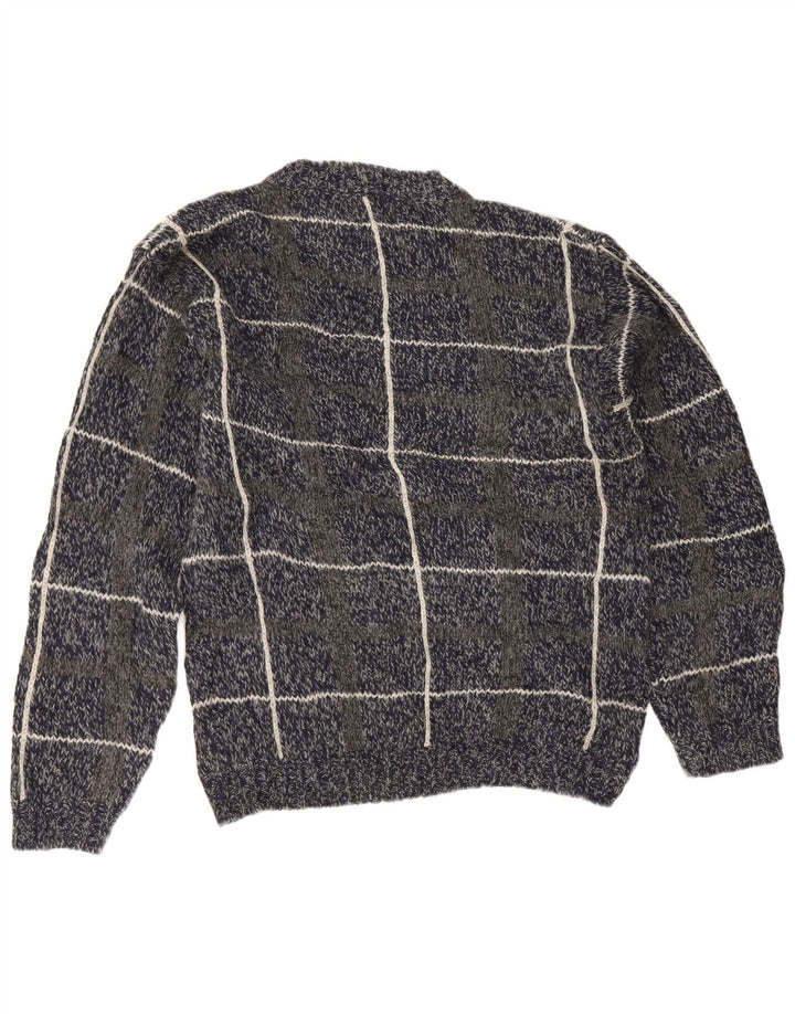 Eddie Bauer Mens Crew Neck Jumper Sweater Medium Navy Blue Check Wool