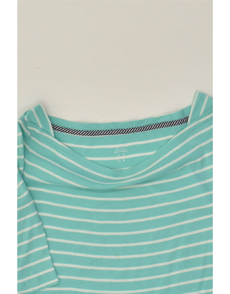 NAUTICA Womens 1/2 Sleeve Blouse Top UK 12 Medium Turquoise Striped Cotton | Vintage Nautica | Thrift | Second-Hand Nautica | Used Clothing | Messina Hembry 