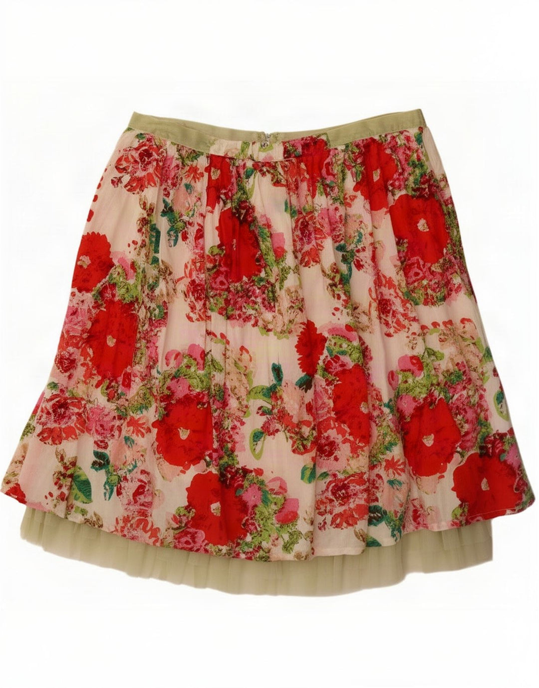 Vintage Womens A-Line Skirt Medium W30 Beige Floral Cotton