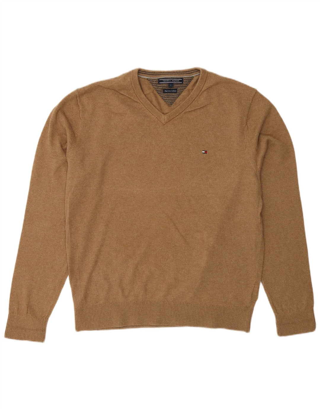 Tommy Hilfiger Mens V-Neck Jumper Sweater Large Beige Cotton