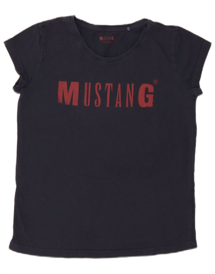 MUSTANG Womens Graphic T-Shirt Top UK 10 Small Navy Blue Cotton