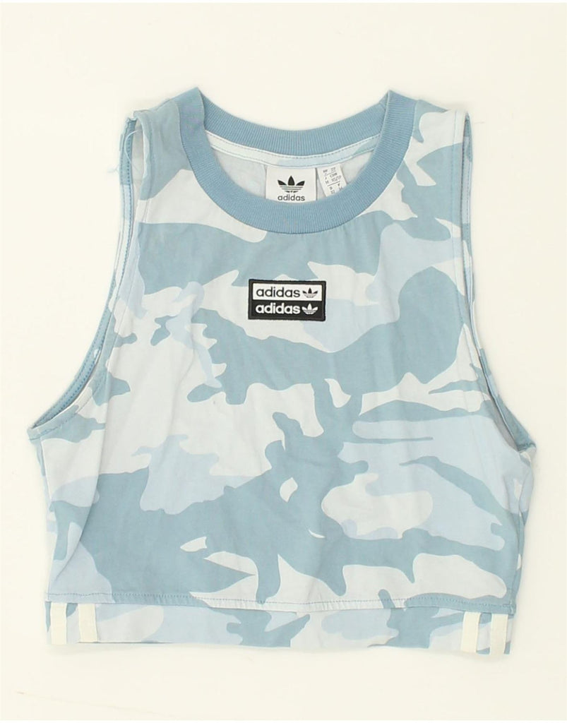 ADIDAS Womens Crop Graphic Vest Top UK 6 XS Blue Camouflage Cotton | Vintage Adidas | Thrift | Second-Hand Adidas | Used Clothing | Messina Hembry 