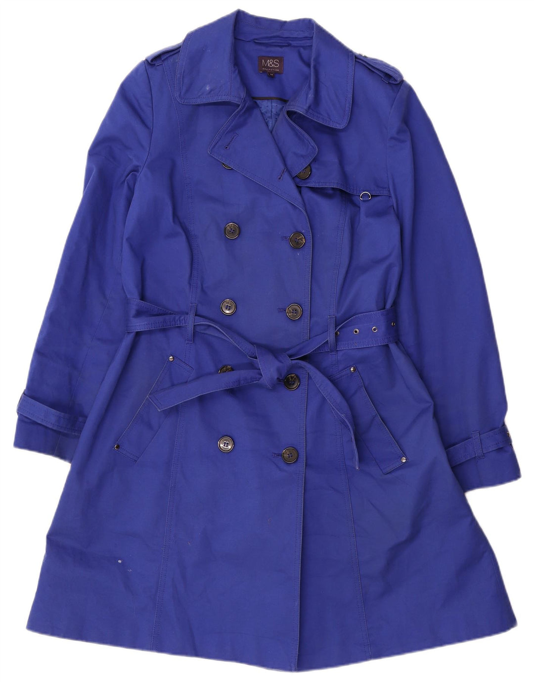 Marks & Spencer Womens Double Breasted Trench Coat UK 14 Medium Blue Cotton