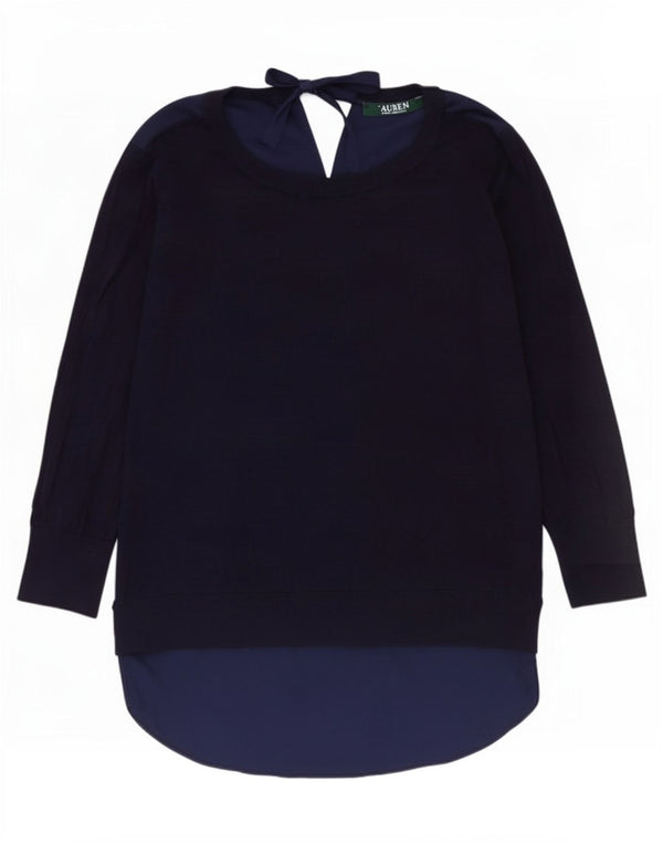 Ralph Lauren Womens Top 3/4 Sleeve UK 16 Large Navy Blue Cotton
