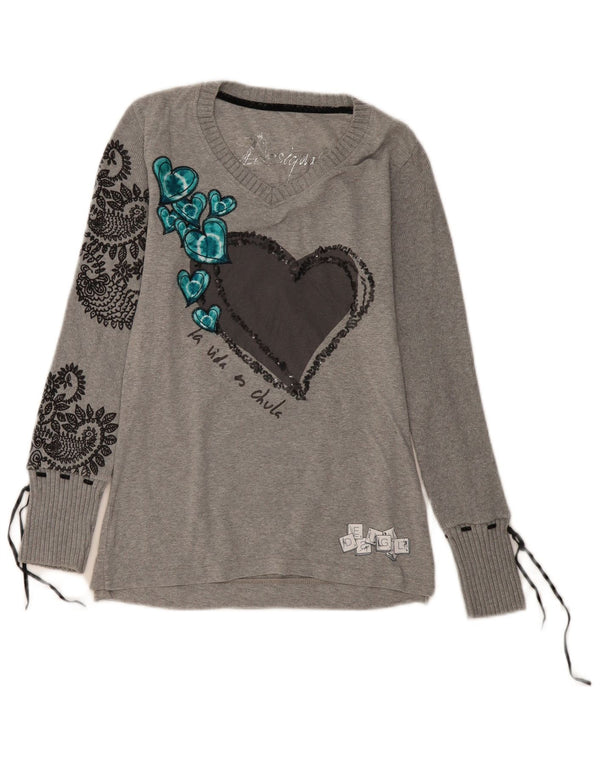 DESIGUAL Womens Graphic Top Long Sleeve UK 12 Medium Grey Paisley Heart