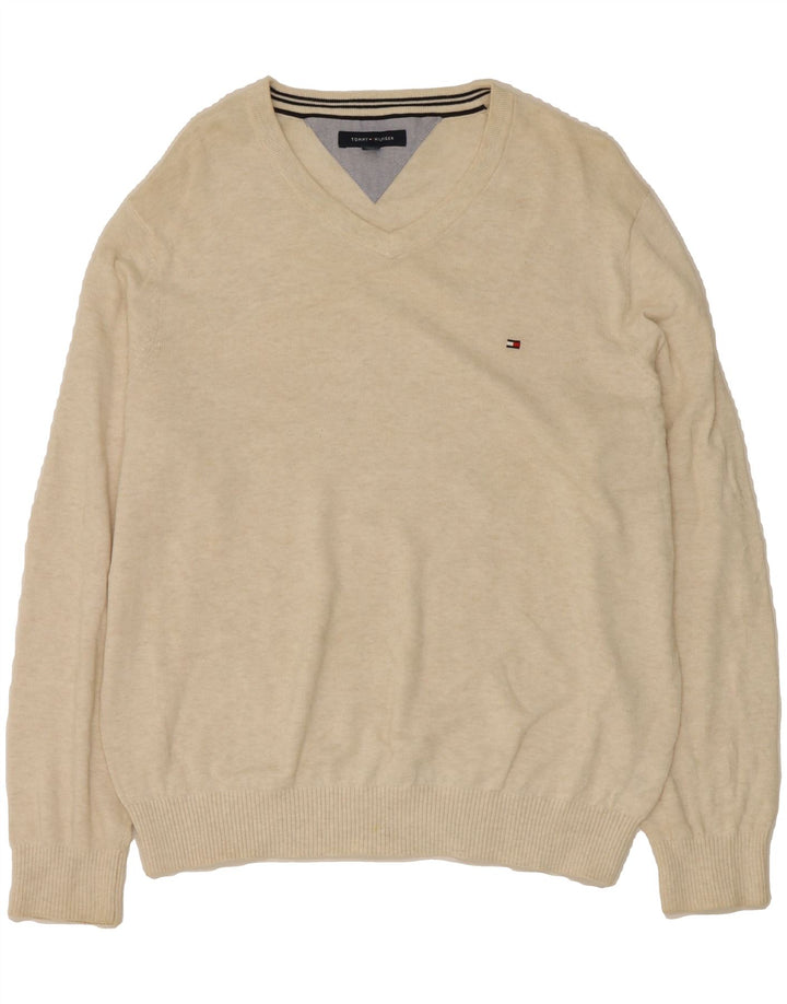 TOMMY HILFIGER Mens V-Neck Jumper Sweater Large Beige Cotton Vintage Tommy Hilfiger and Second-Hand Tommy Hilfiger from Messina Hembry 