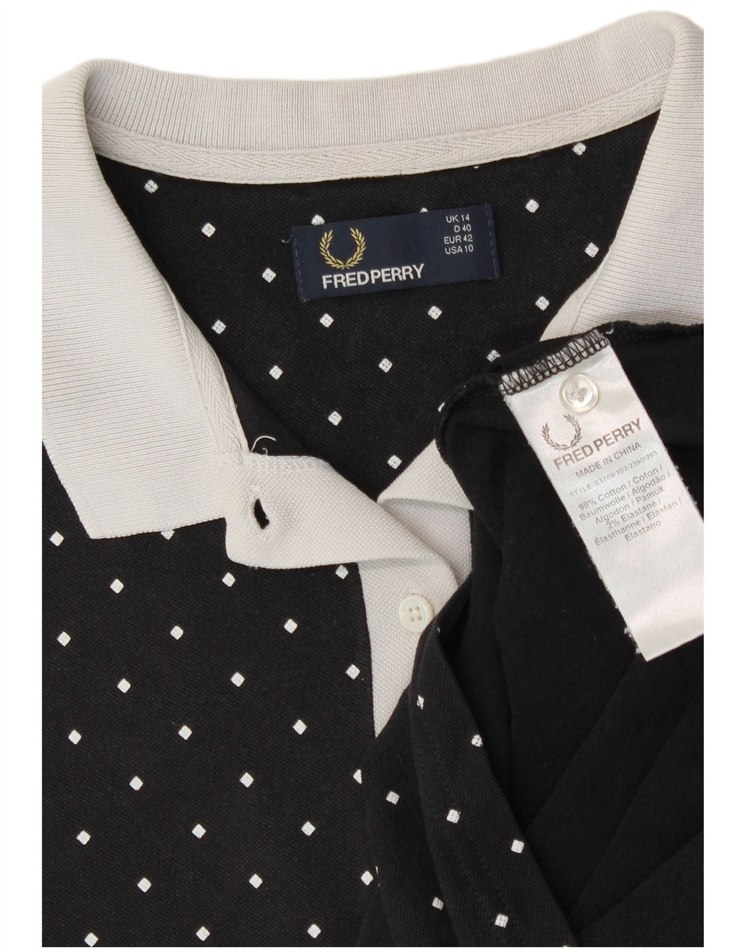 Fred Perry Womens Polo Shirt UK 14 Large Black Spotted Cotton