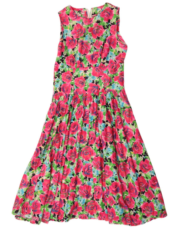 Vintage Womens Sleeveless Maxi Dress UK 14 Medium Pink Floral Cotton
