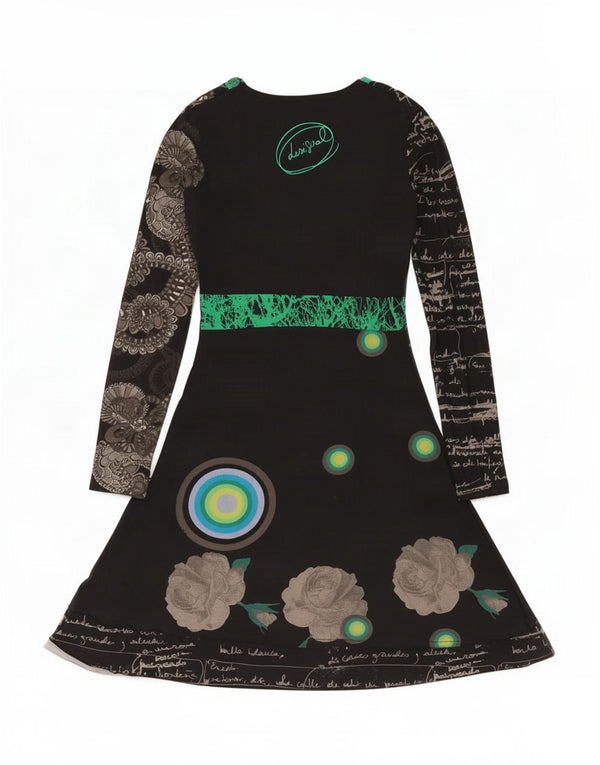 Desigual Womens Graphic Long Sleeve A-Line Dress UK 12 Medium Black Spotted