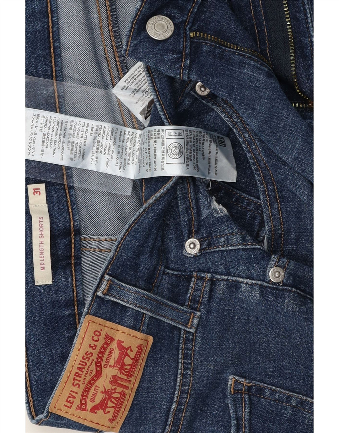 LEVI'S Womens Mid Rise Distressed Denim Shorts W31 Medium Blue Cotton Vintage Levi's and Second-Hand Levi's from Messina Hembry 