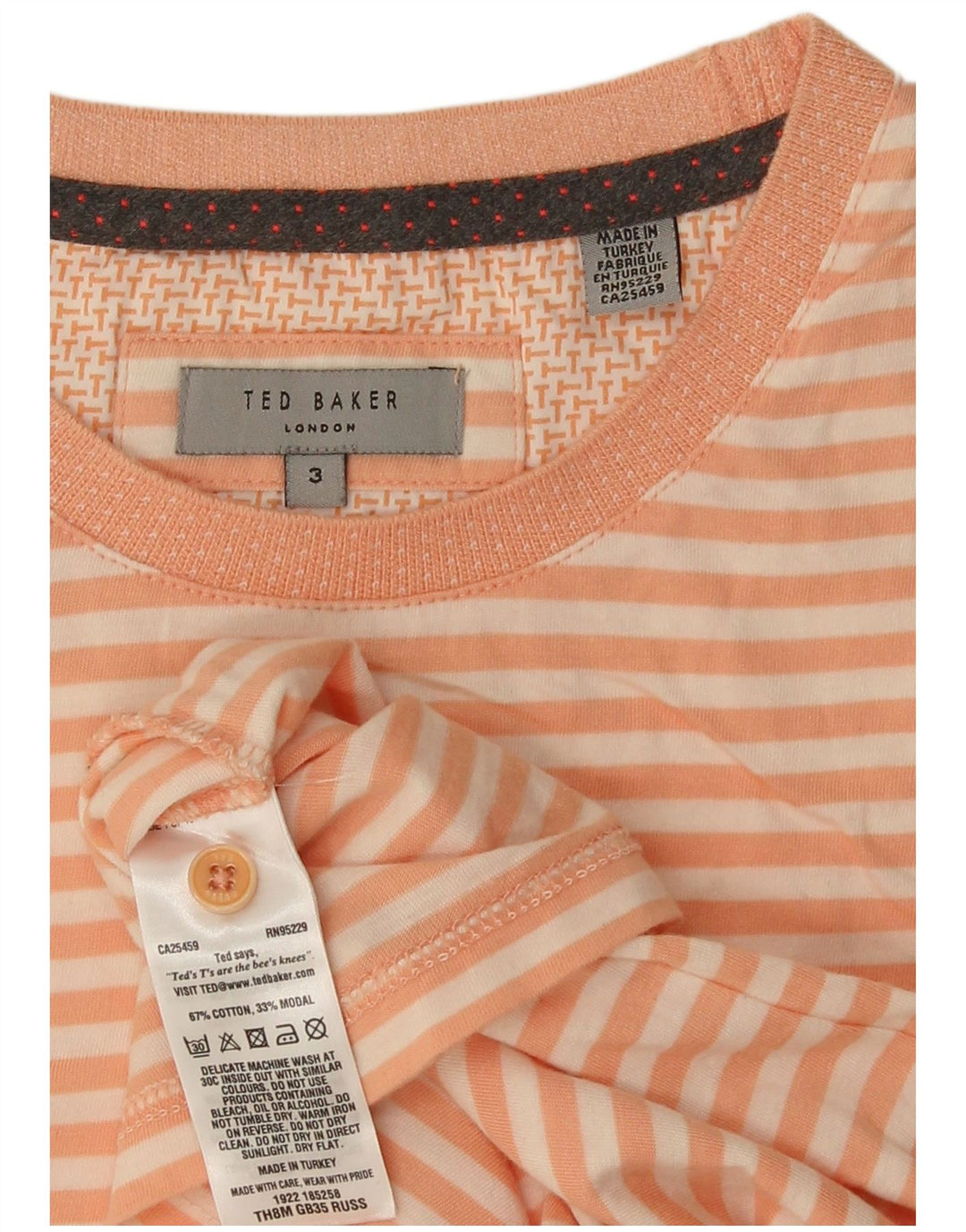 Ted Baker Mens T-Shirt Top Size 3 Medium Orange Striped Cotton