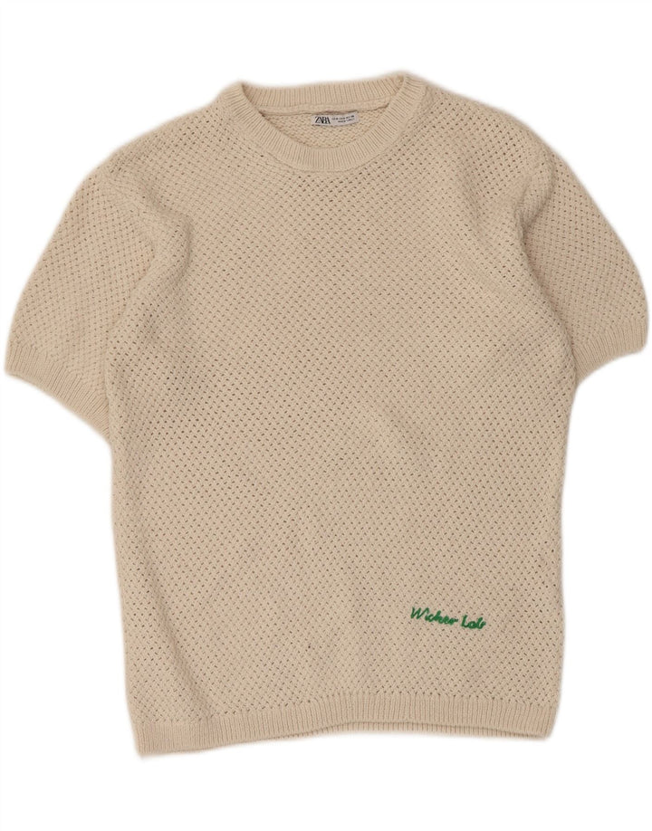 ZARA Mens Crew Neck Jumper Sweater Medium Beige Polyester