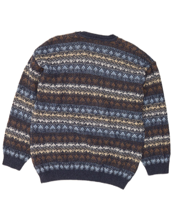 Vintage Womens V-Neck Jumper Sweater UK 18 XL Navy Blue Fair Isle Cotton