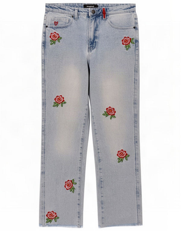 Desigual Womens Straight Jeans EU 38 Medium W28 L27 Blue Floral Cotton