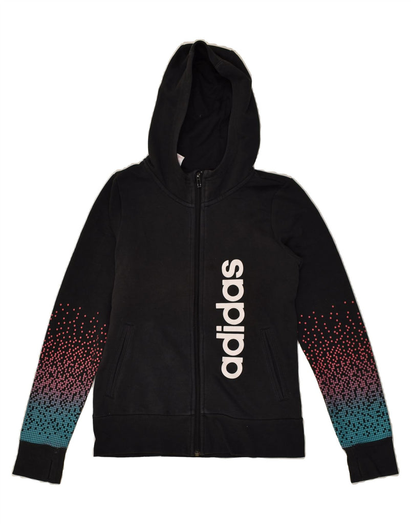 ADIDAS Girls Graphic Zip Hoodie Sweater 13-14 Years Black Spotted Cotton | Vintage Adidas | Thrift | Second-Hand Adidas | Used Clothing | Messina Hembry 