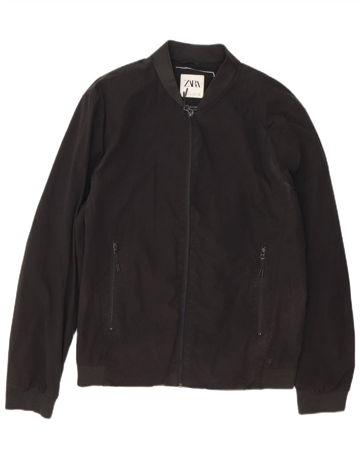 Zara Mens Bomber Jacket UK 40 Large Black Nylon