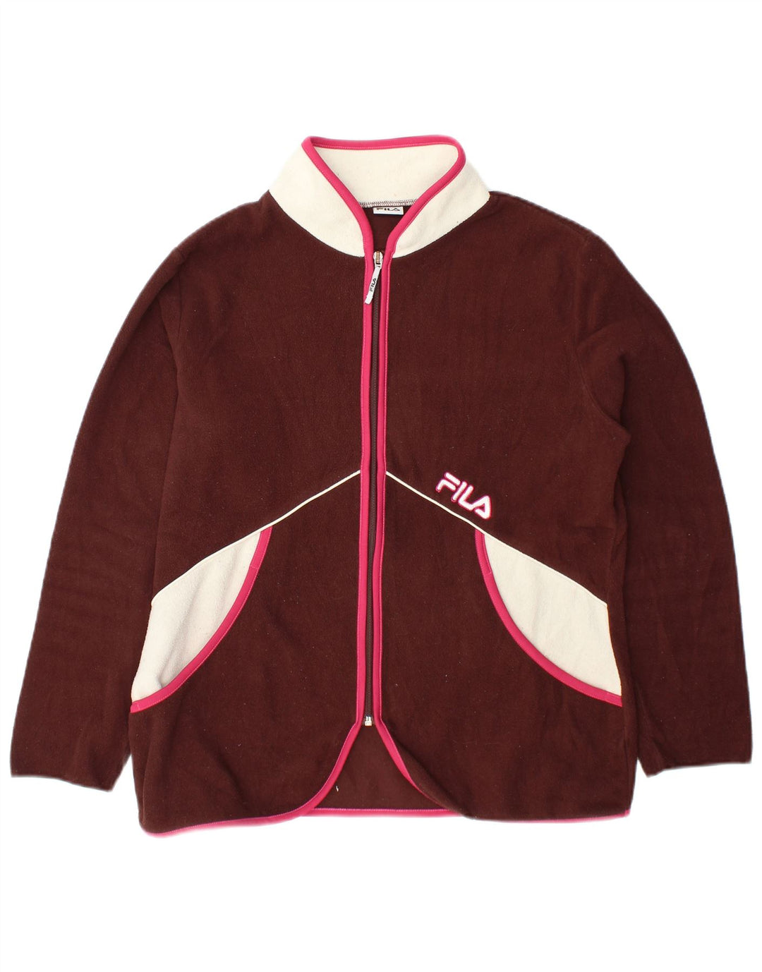 Fila Womens Fleece Jacket UK 16 Large Burgundy Colourblock