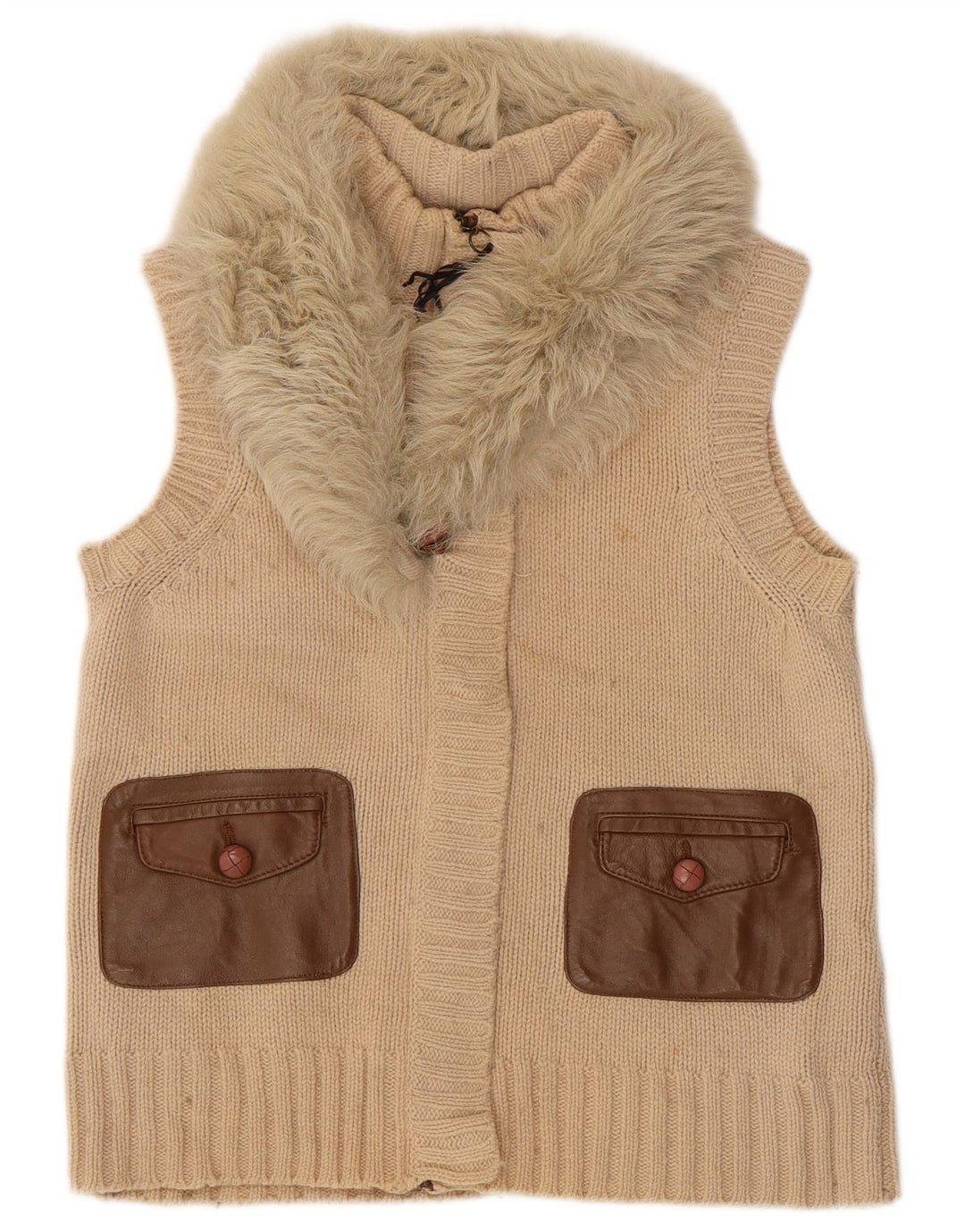 MASSIMO DUTTI Womens Sleeveless Cardigan Sweater UK 14 Large Beige Wool