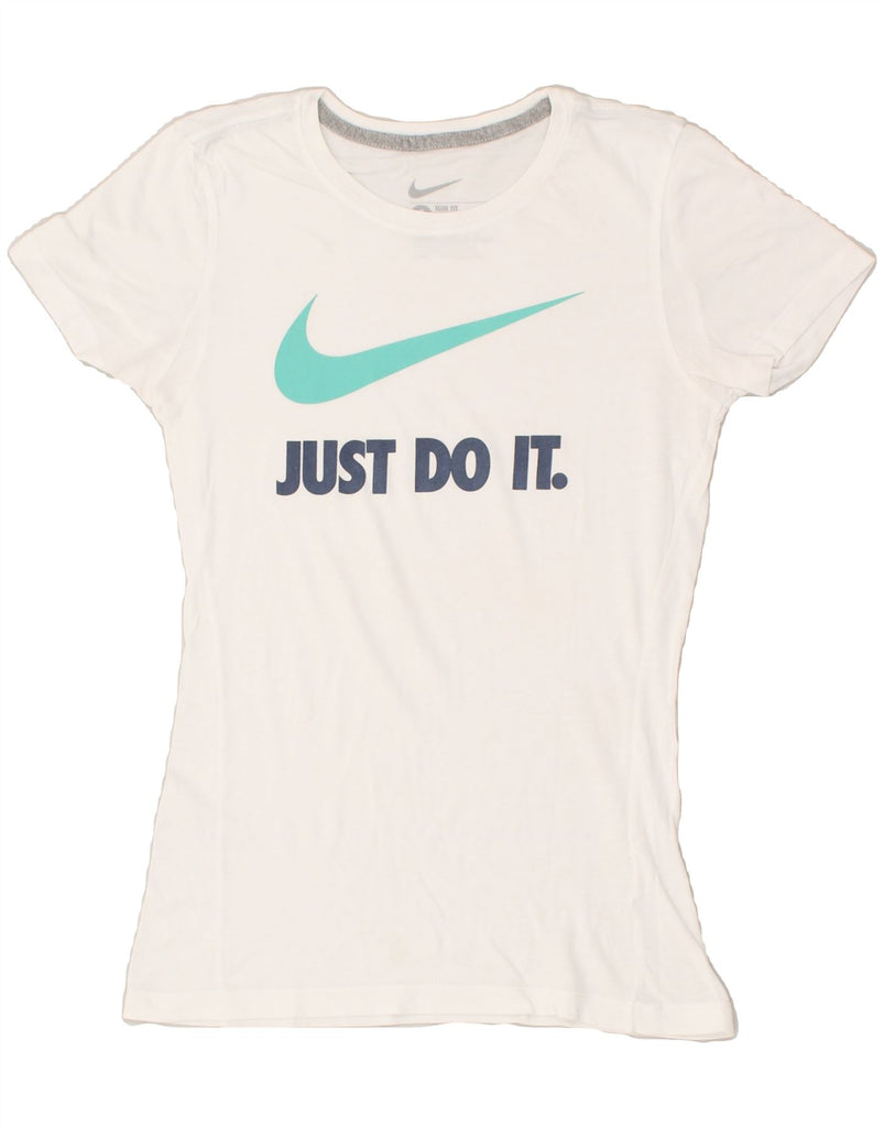 NIKE Womens Coupe Ajustee Slim Fit Graphic T-Shirt Top UK 8 Small White | Vintage Nike | Thrift | Second-Hand Nike | Used Clothing | Messina Hembry 