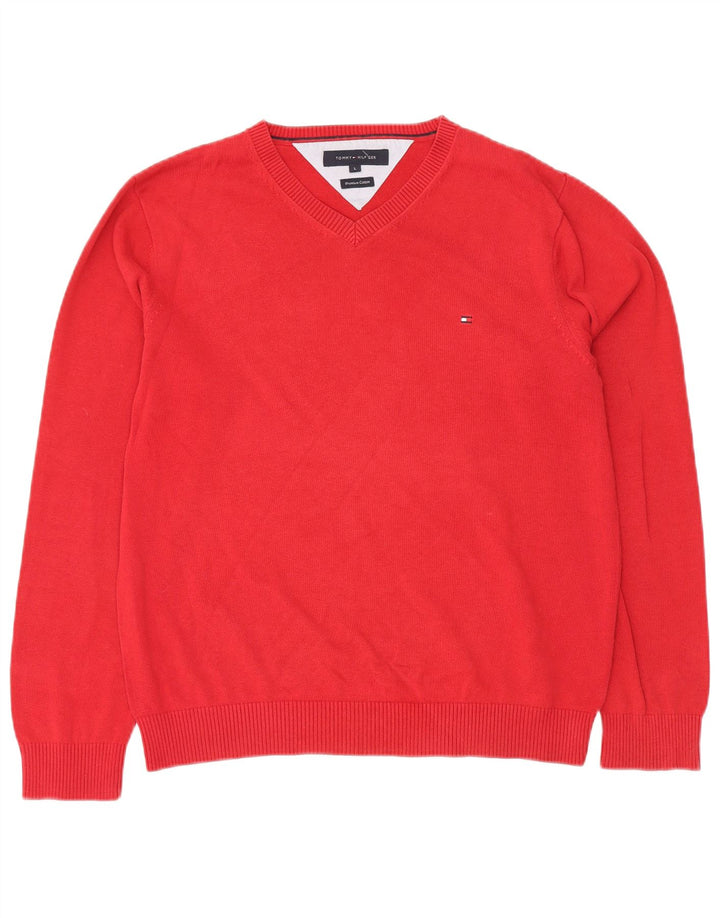 Tommy Hilfiger Mens V-Neck Jumper Sweater Large Red Cotton