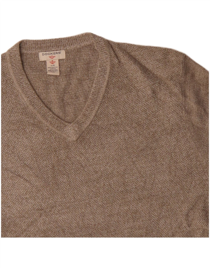 DOCKERS Mens V-Neck Jumper Sweater Large Beige Acrylic