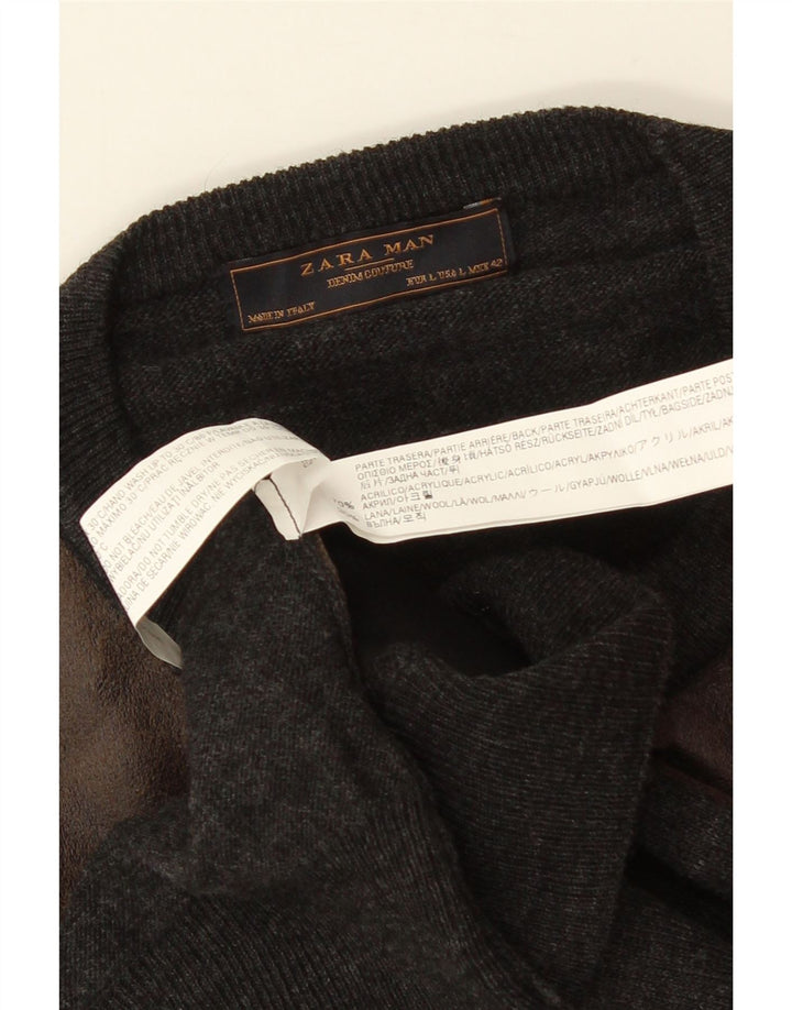 ZARA Mens Crew Neck Jumper Sweater Large Grey Colourblock Acrylic
