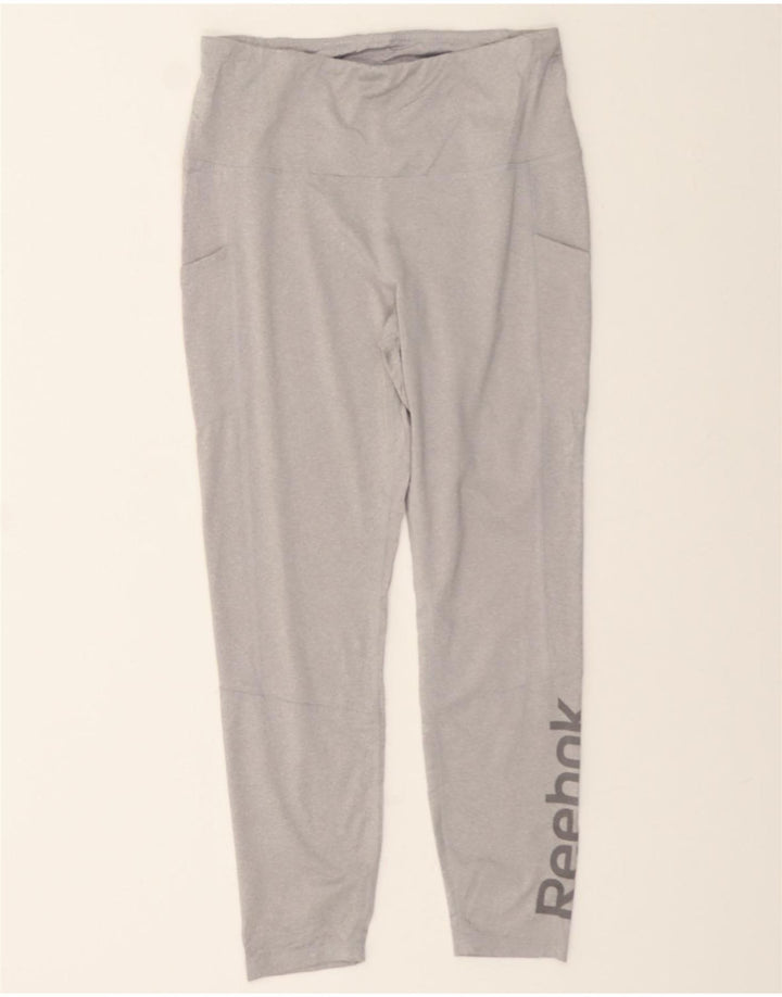 REEBOK Womens Graphic Leggings UK 14 Large  Grey Polyester Vintage Reebok and Second-Hand Reebok from Messina Hembry 