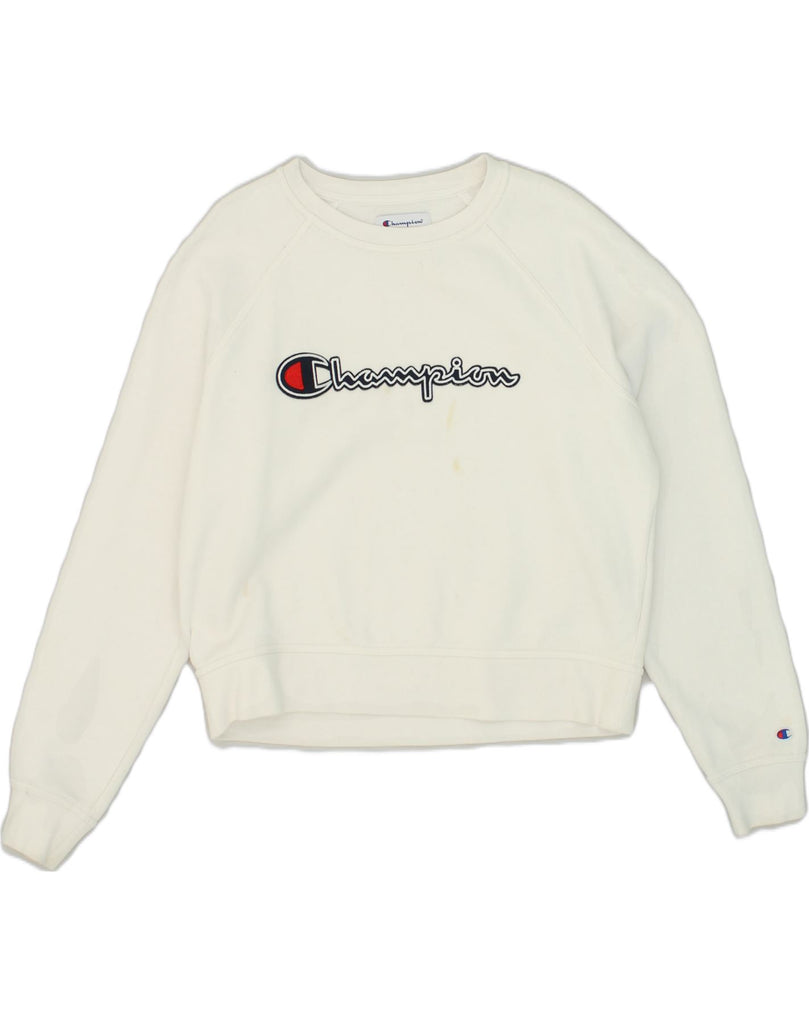 CHAMPION Womens Graphic Sweatshirt Jumper UK 16 Large White Cotton | Vintage Champion | Thrift | Second-Hand Champion | Used Clothing | Messina Hembry 